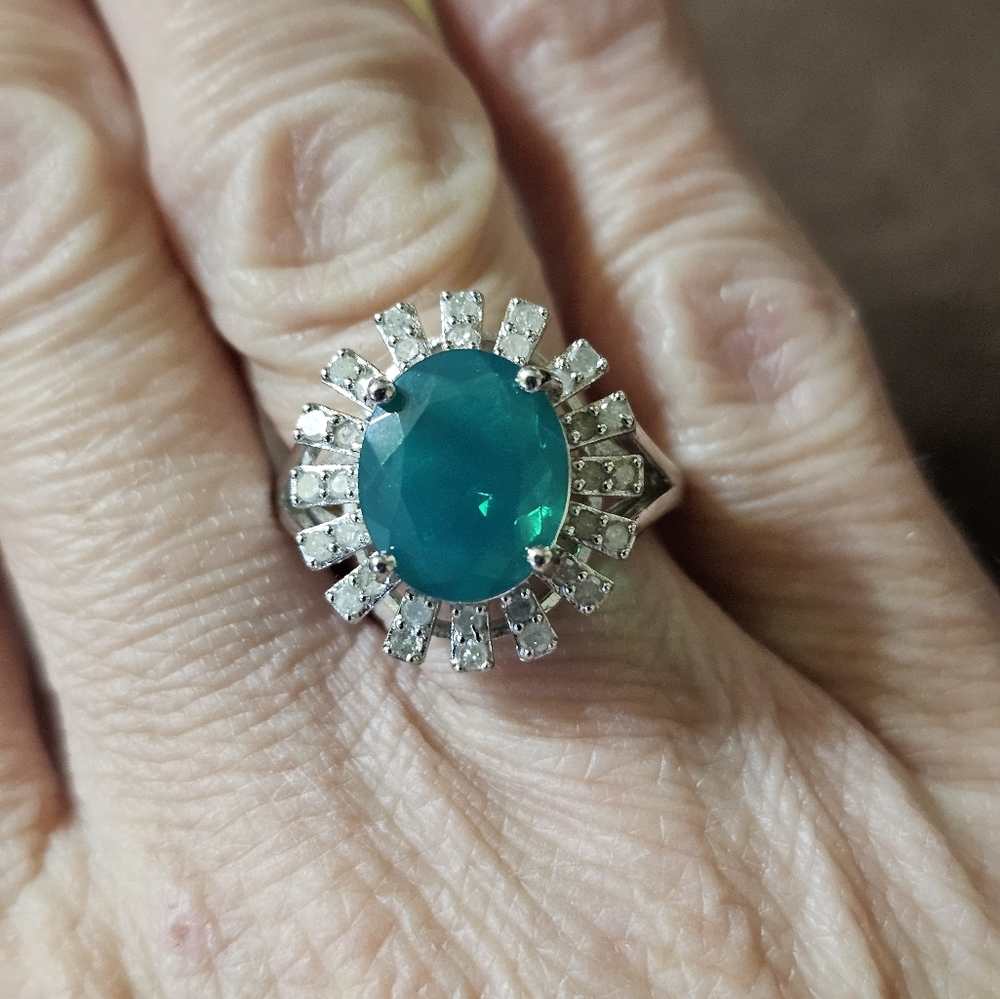 Exotic Natural Paraiba Blue Opal & Diamond Ring Sterling Silver Size 8 - Picture 13 of 13